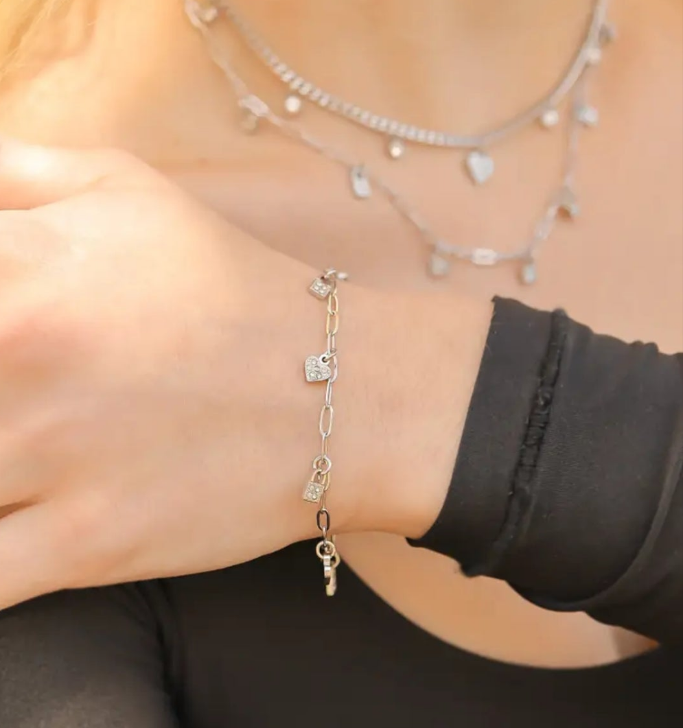 Heart & Lock Charm Bracelet /18K Gold Pvd Stainless Steel