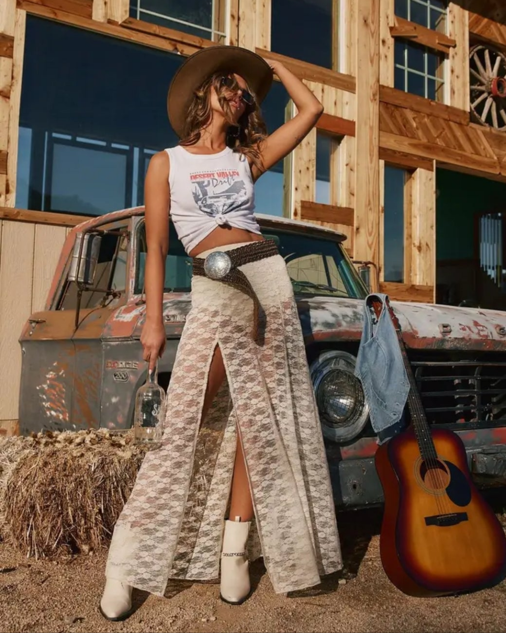 Western Cowgirl Sheer Floral Lace High Slit Maxi Skirt
