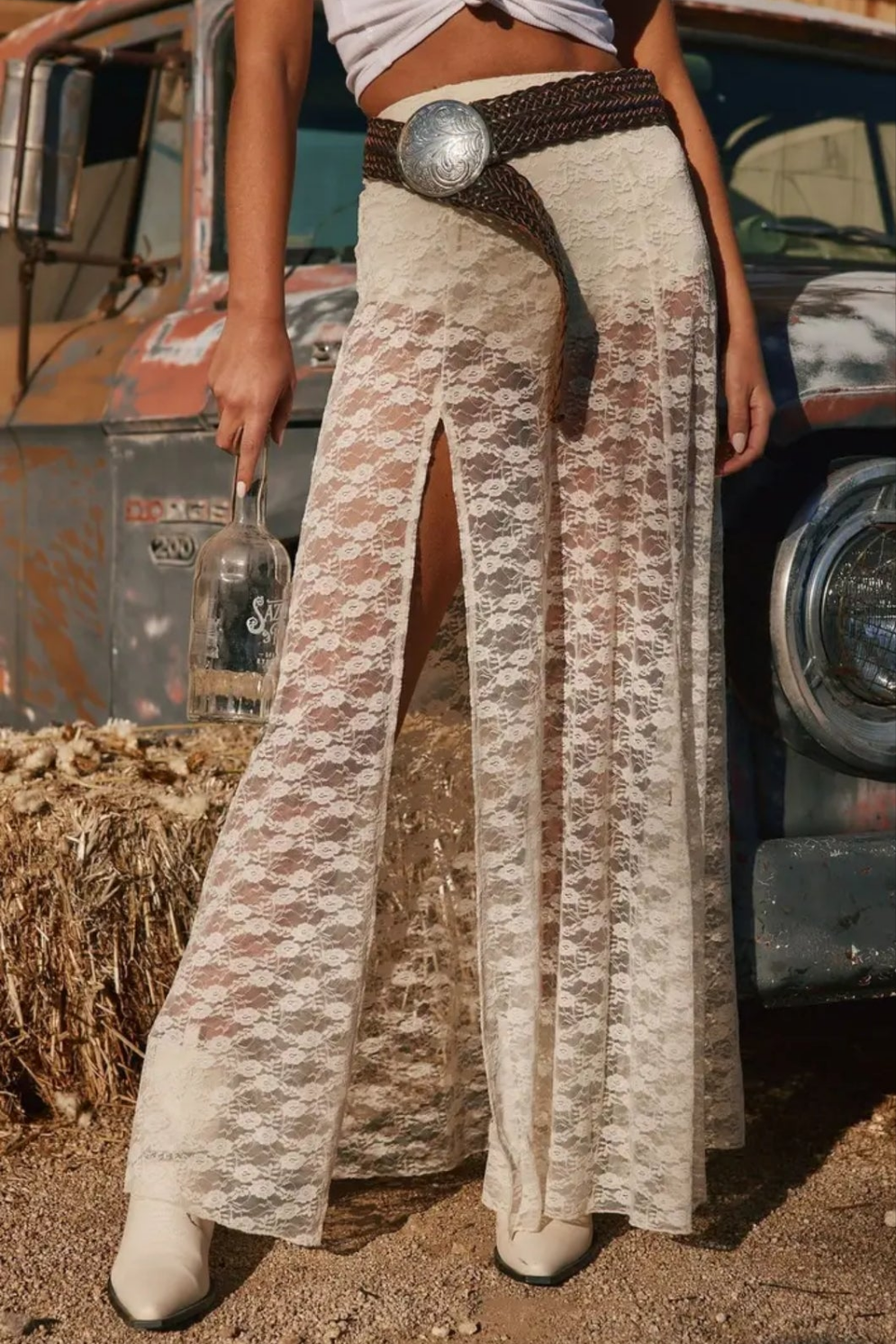 Western Cowgirl Sheer Floral Lace High Slit Maxi Skirt