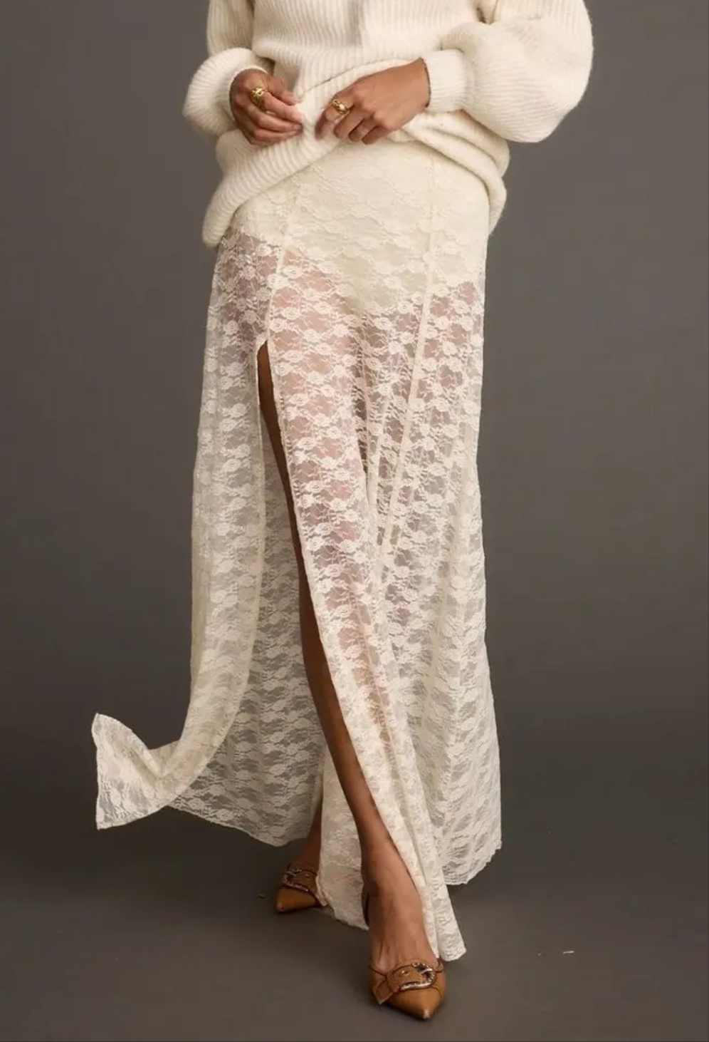 Western Cowgirl Sheer Floral Lace High Slit Maxi Skirt