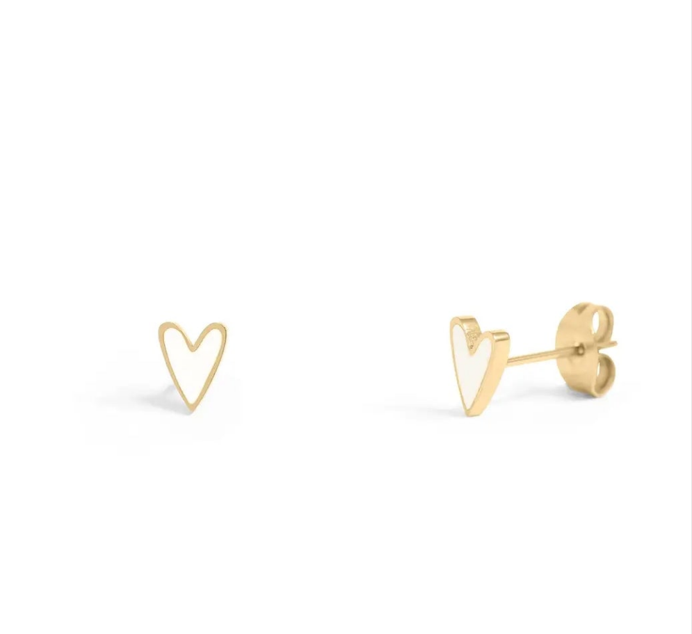 Stainless Steel White Heart Stud Earrings 18K Gold Pvd