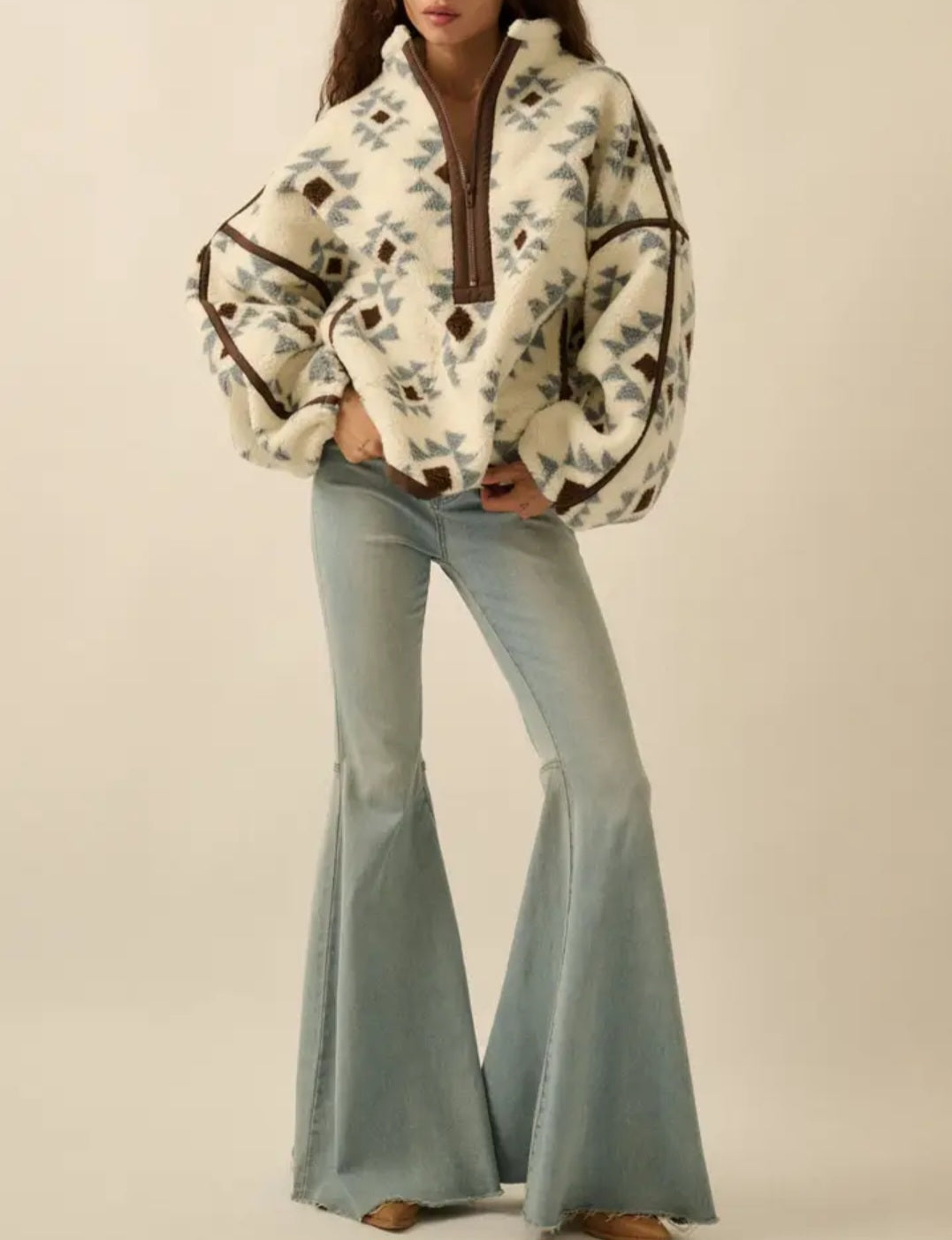 Blue Aztec Sherpa Fleece Half-Zip Pullover