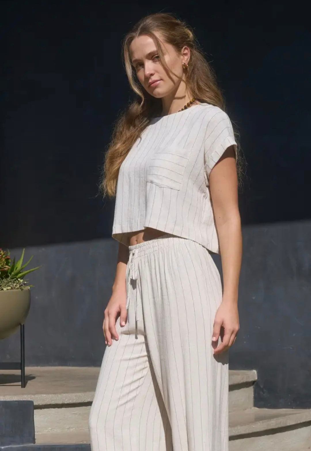 Pinstripe Short Cuff Sleeve Back Button Crop ToP