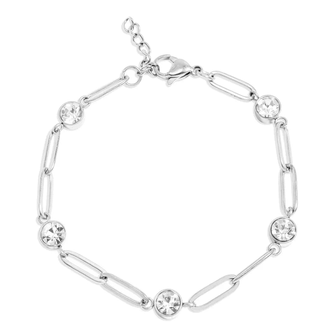 Gold Paperclip Chain Bracelet W/ Crystal