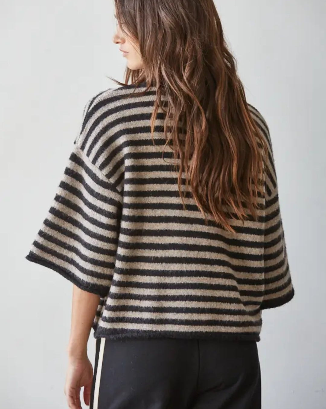 Knit Sweater Striped Short 3/4 Sleeve Cardigan