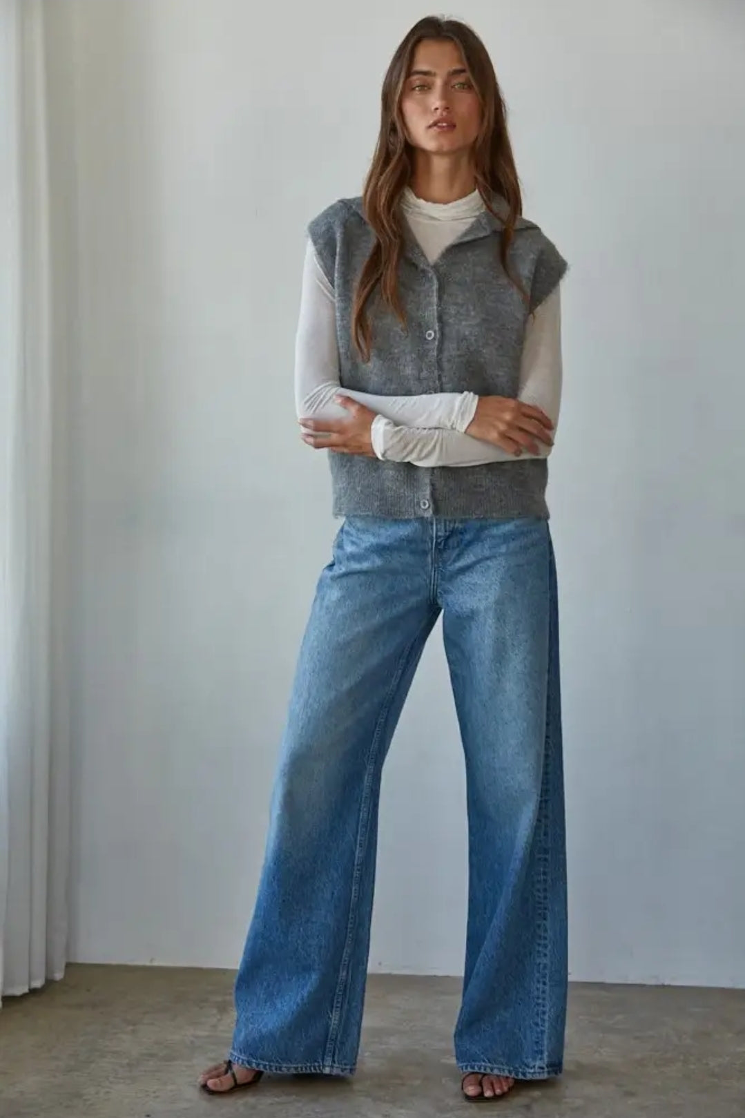 Knit Sweater Collar Neck Button Down Sleeveless Vest
