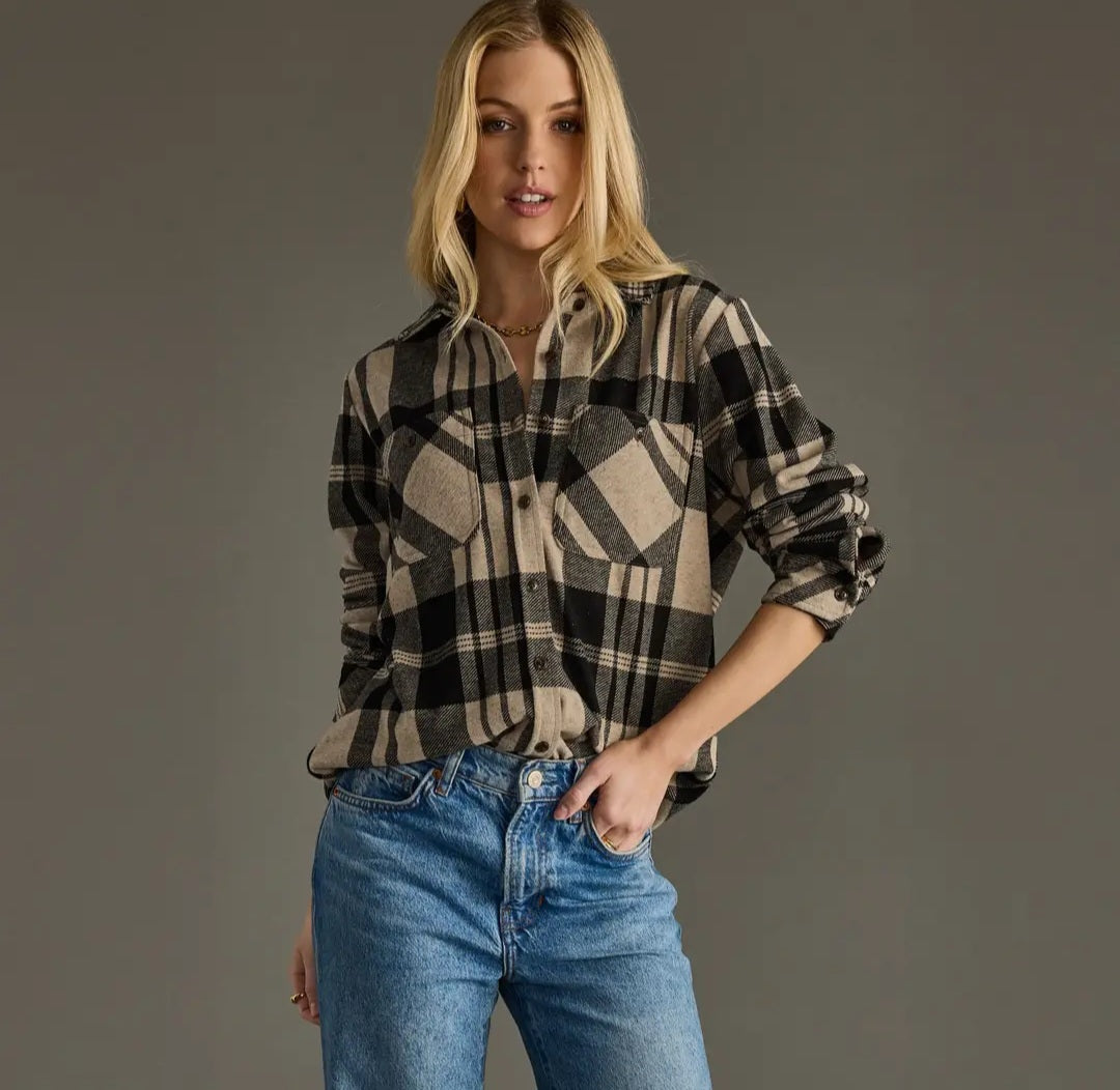 Tan & Black Plaid Button Up