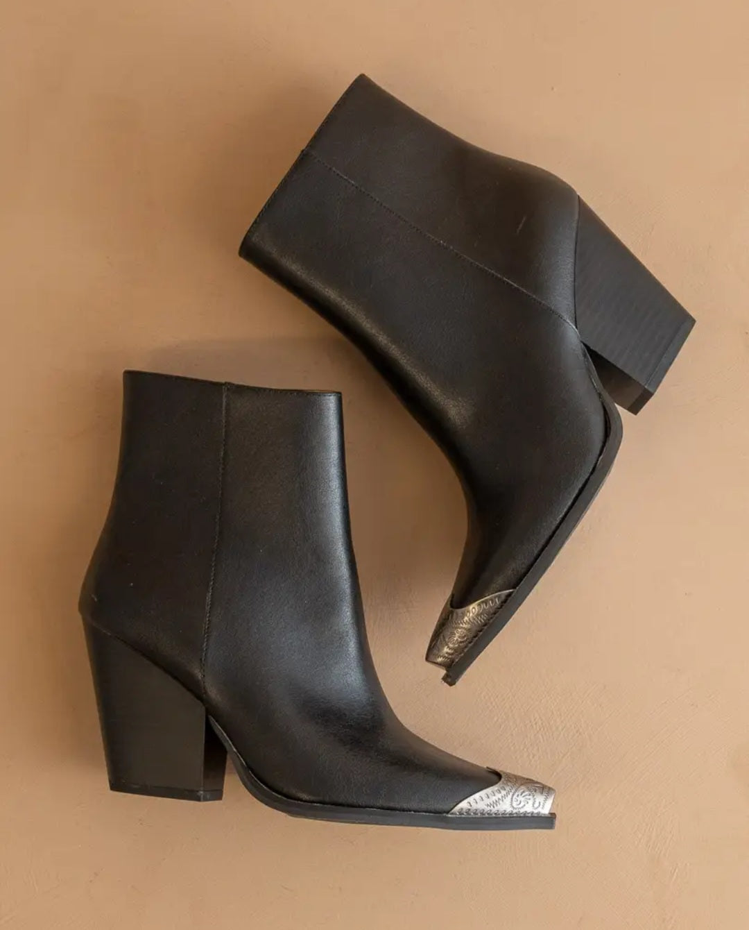 The Zion Black Elegant Western Bootie Etched Metal Toe