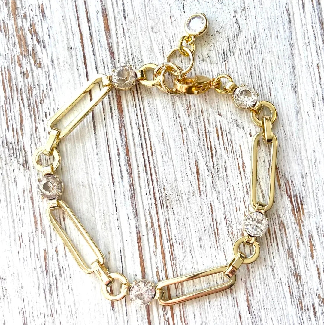 Gold Paperclip Chain Bracelet W/ Crystal