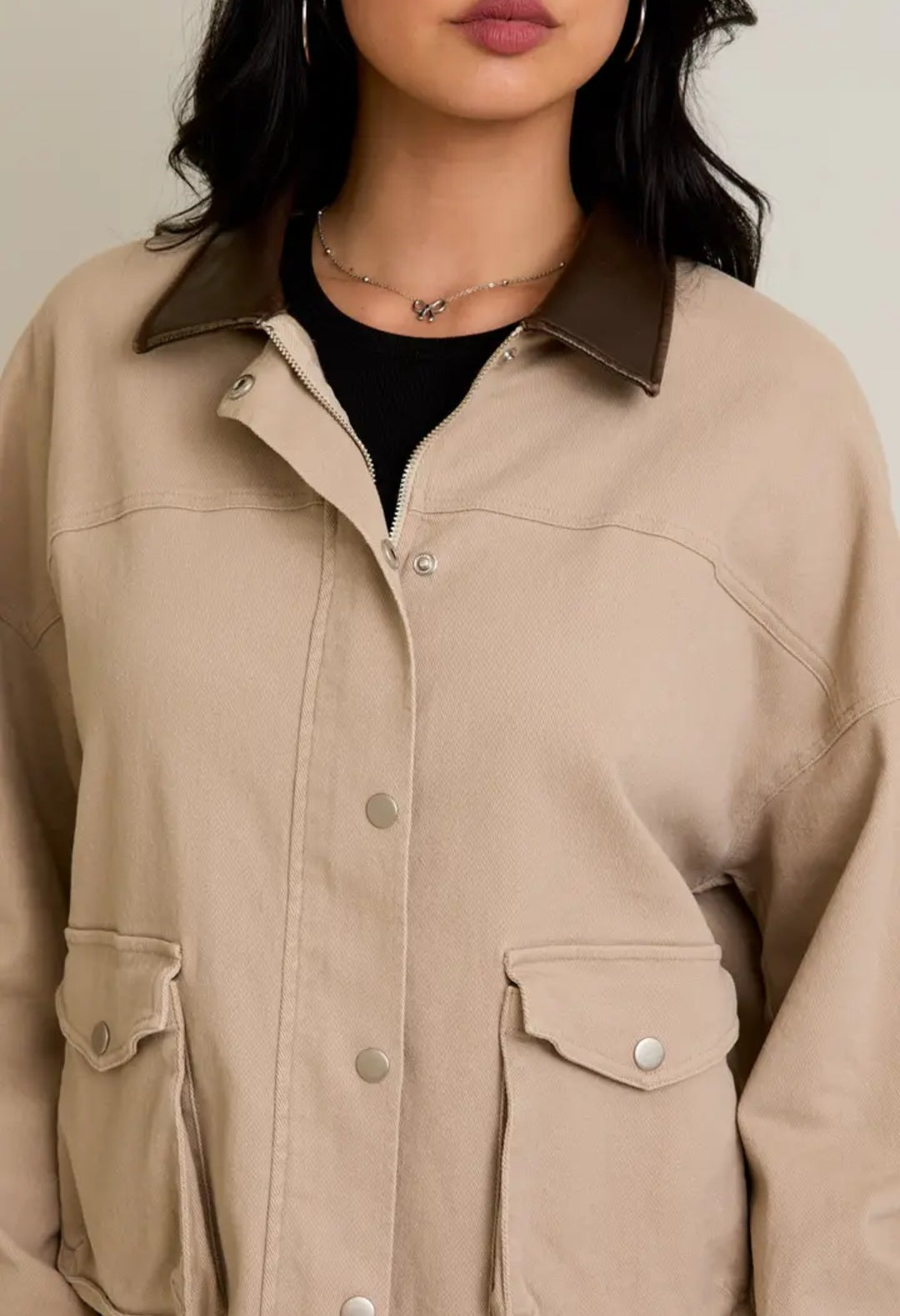 Washed Barn Jacket with Leather Collar- Oversized
