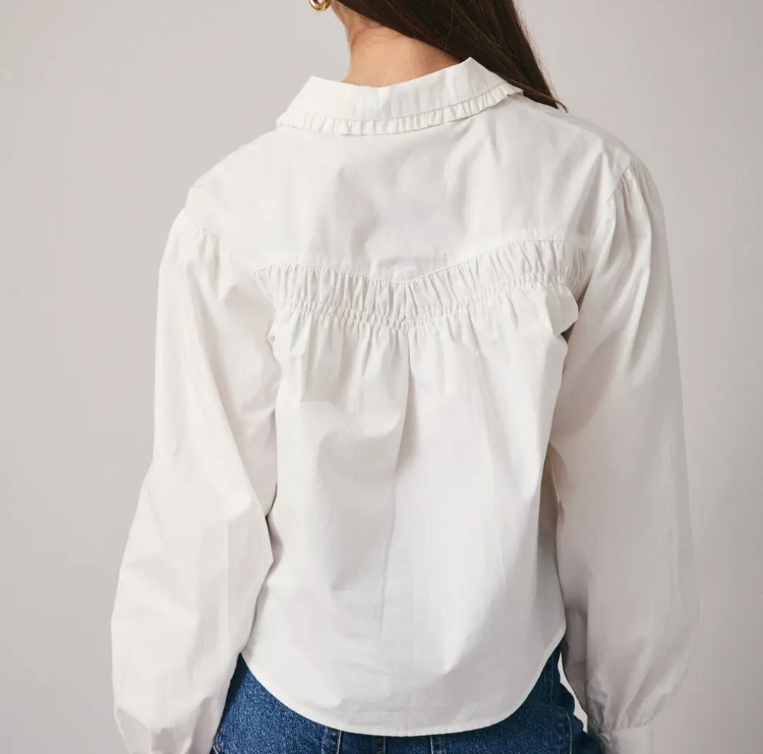 Shirring Detail Buttor Down White Top