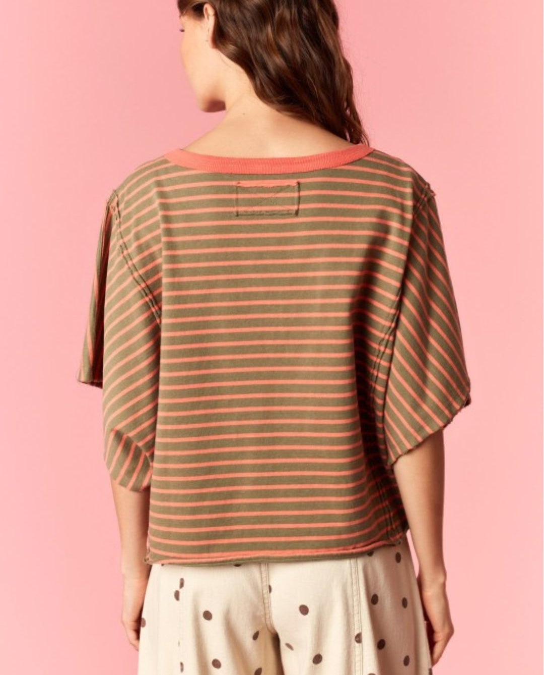 STRIPE ROUND NECK DOLMAN TEE Olive/Coral