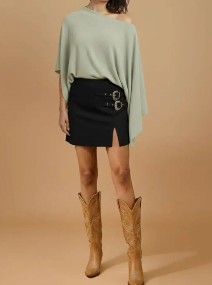Western Buckle Detail Mini Skirt Beige/ Black