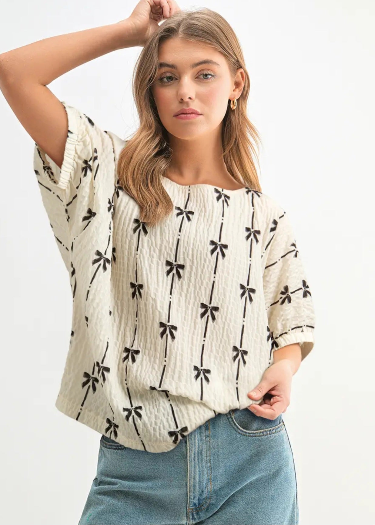 Bow Print Puff Short Sleeve Top