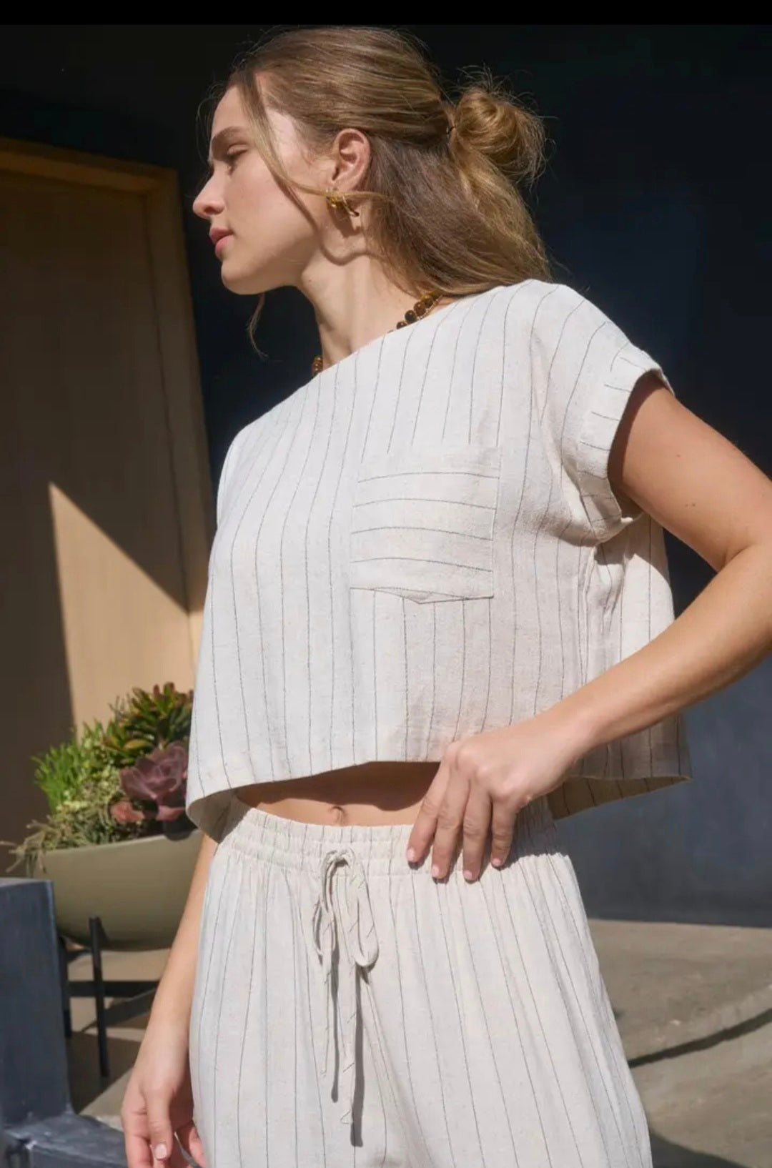 Pinstripe Short Cuff Sleeve Back Button Crop ToP