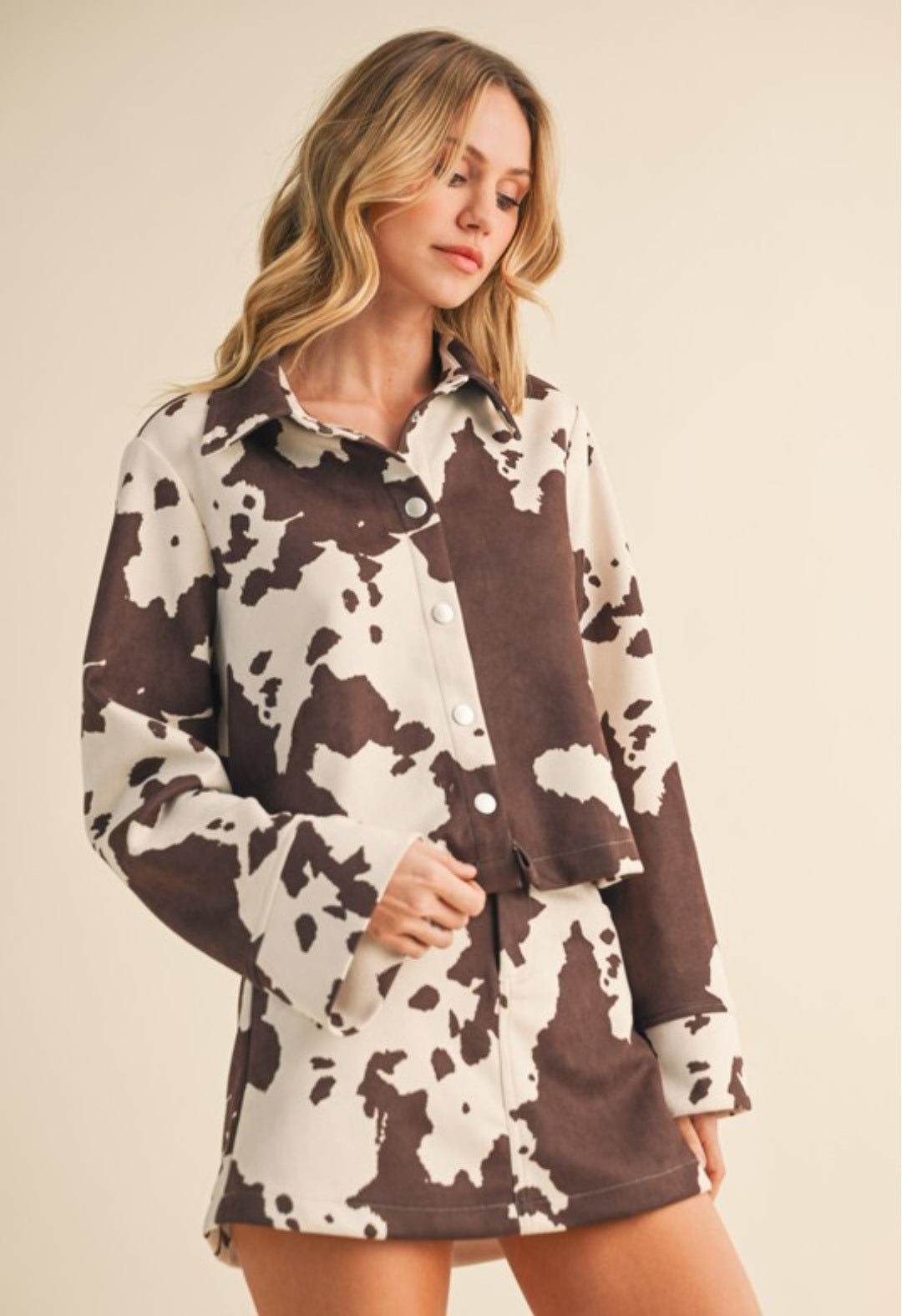Suede Cow Print Jacket Skirt Set