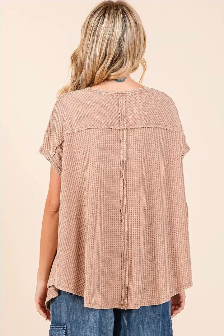 Mineral Wash Waffle Knit Pointed Hem Oversized Top