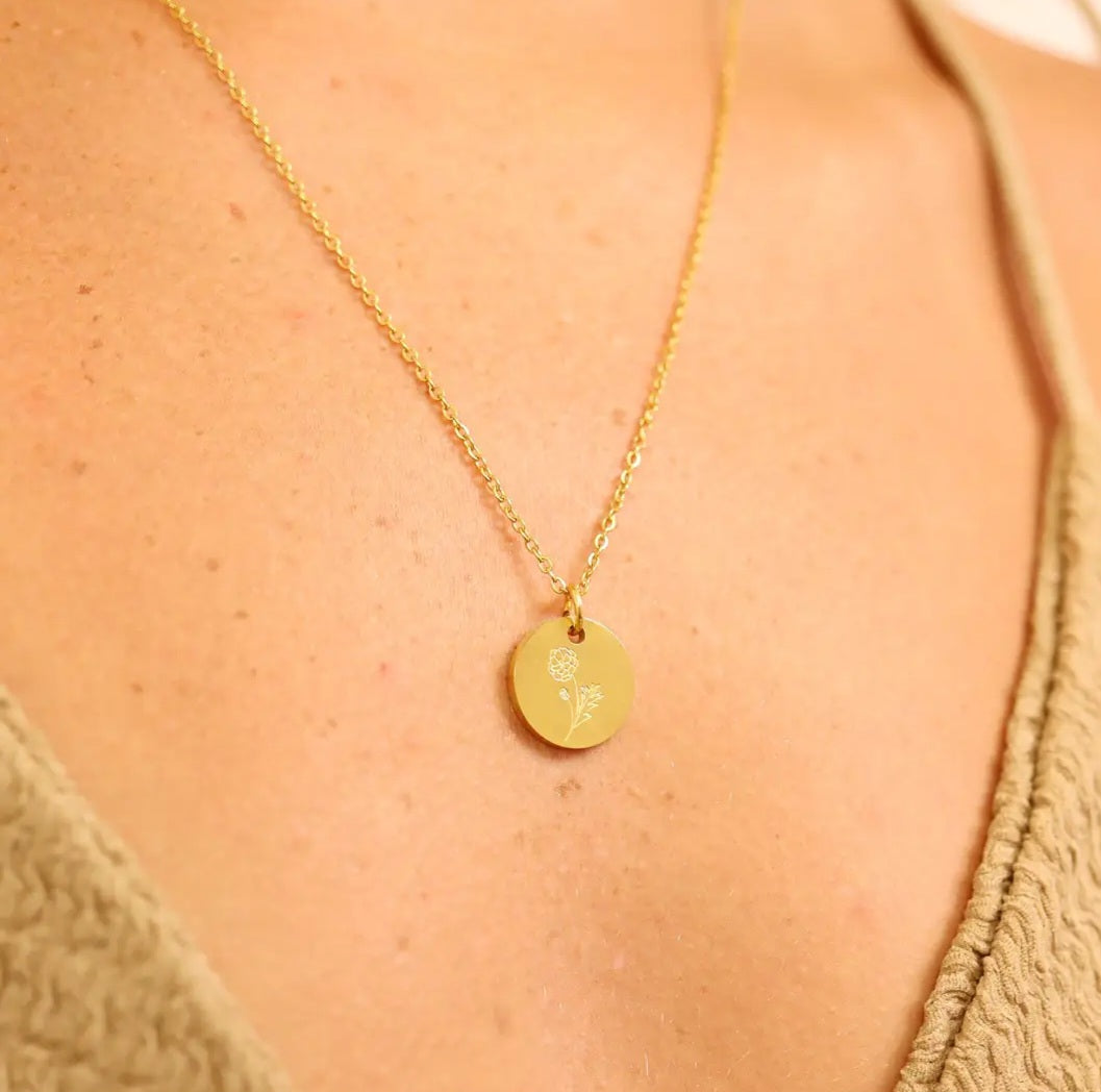 18K Gold Pvd Stainless Steel Birth Flower Charm / March Daffodil with 18K Gold Pvd Chain