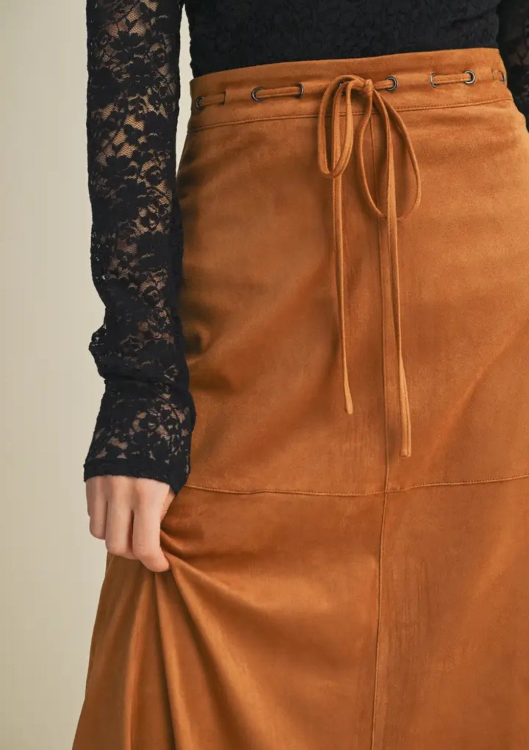Drawstring Waist Sueded A-Line Skirt