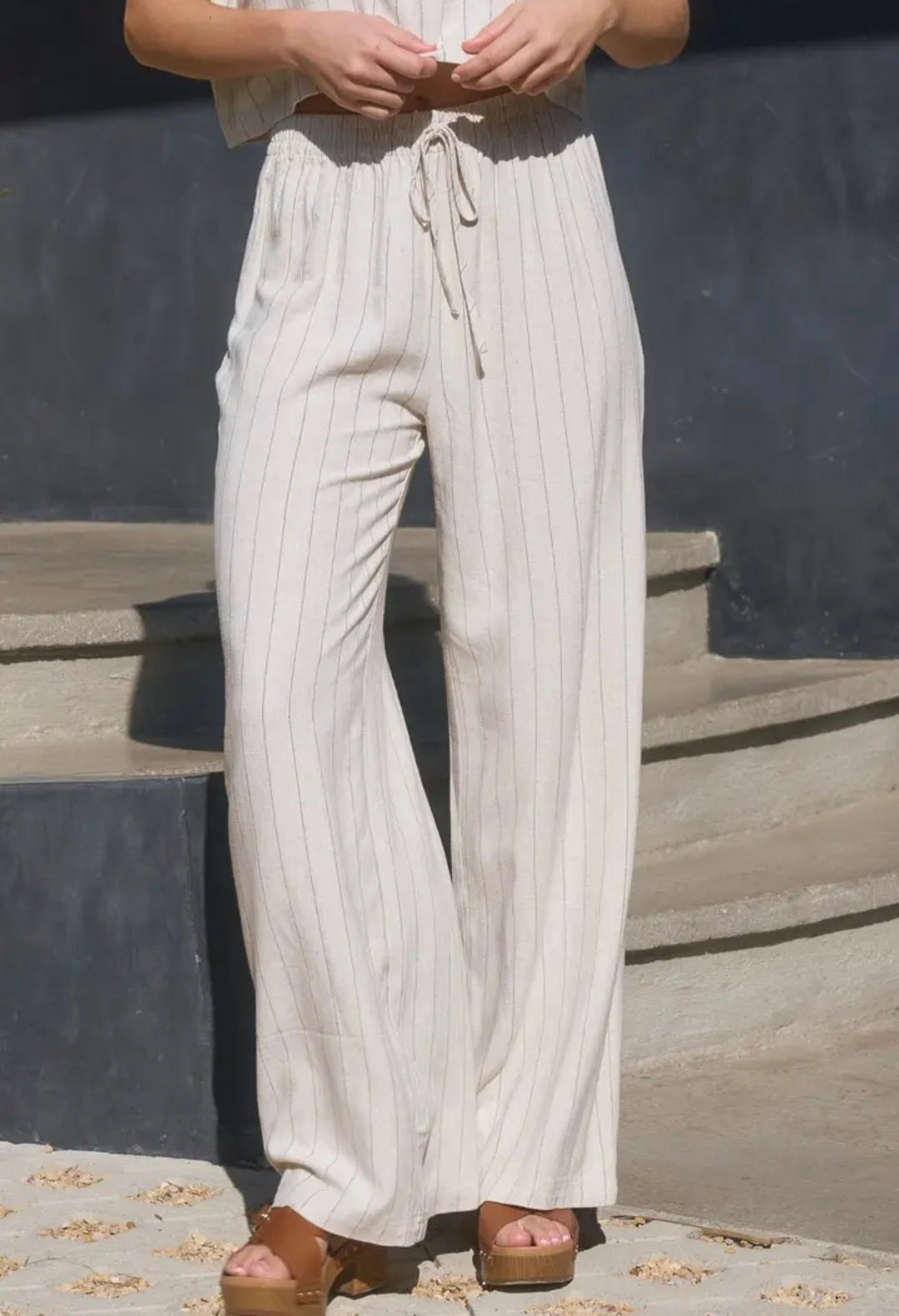 Drawstring Pinstripe Wide Leg Linen Pants