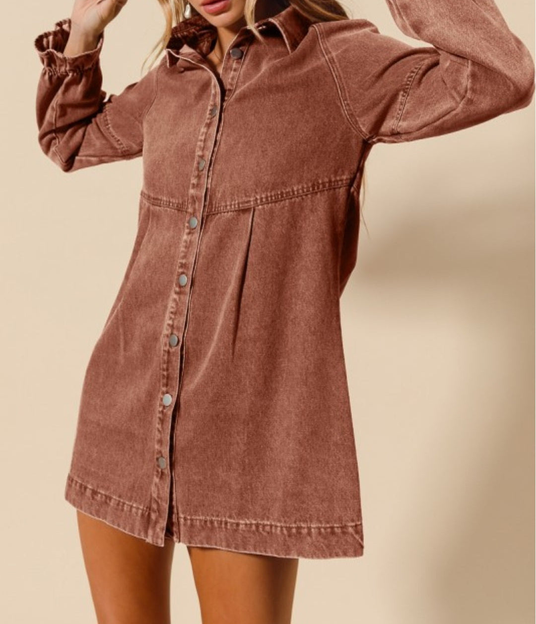Washed Color Denim Button Down Shirt Mini Dress