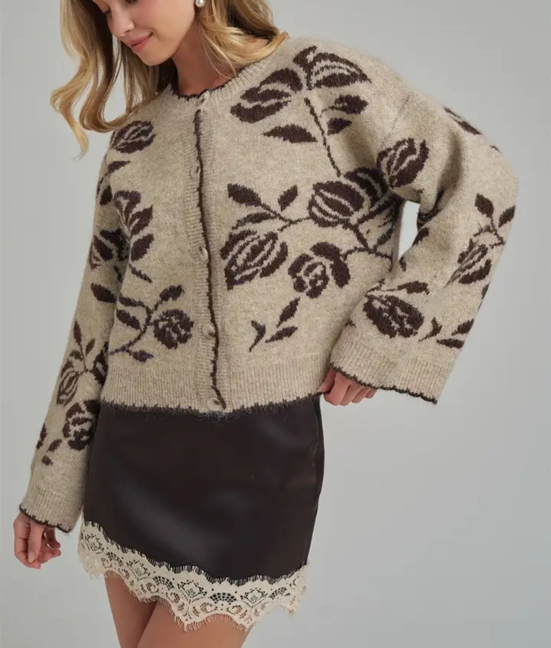 Floral Botanical Pattern Soft Sweater Cardigan