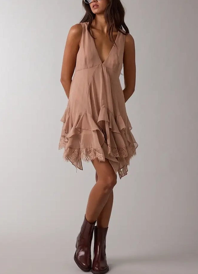 Sheer High-Low Ruffle Lace Down Mini Romper Dress