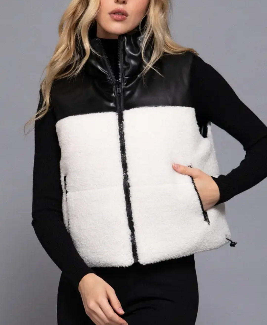 Reversible Faux Leather-Sherpa Crop Vest