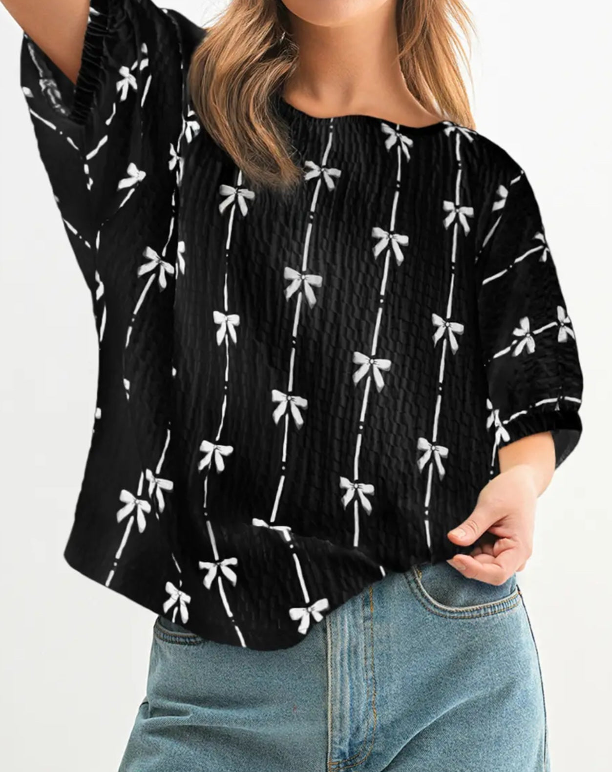 Bow Print Puff Short Sleeve Top