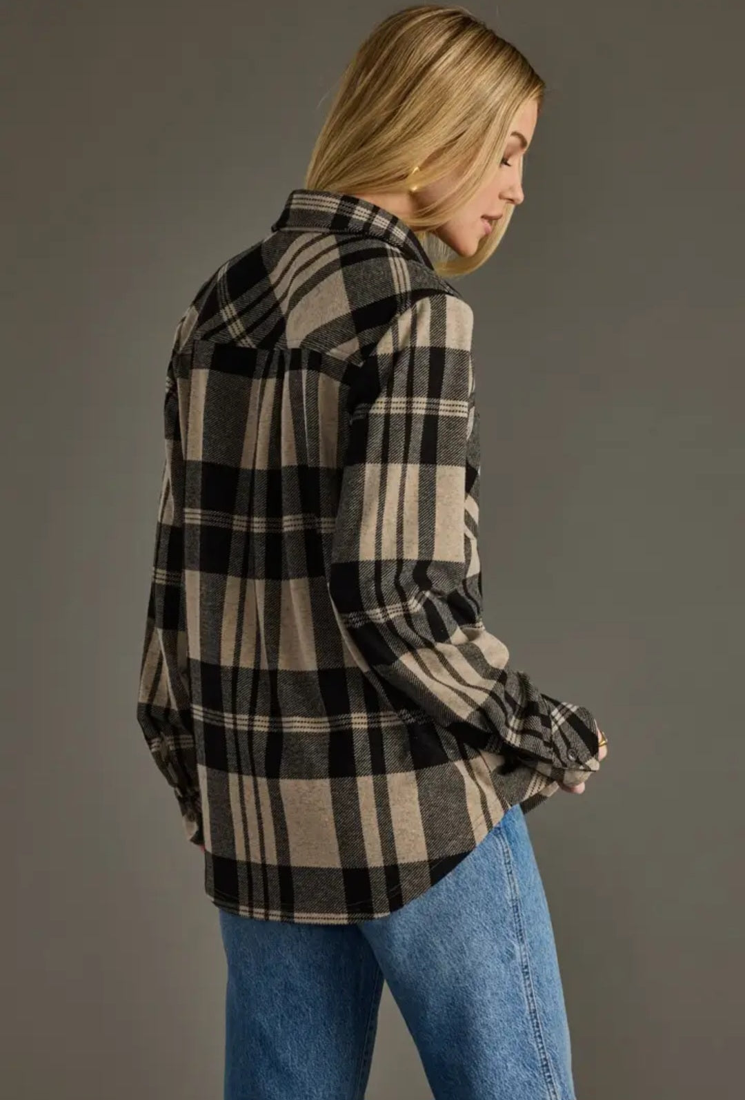 Tan & Black Plaid Button Up