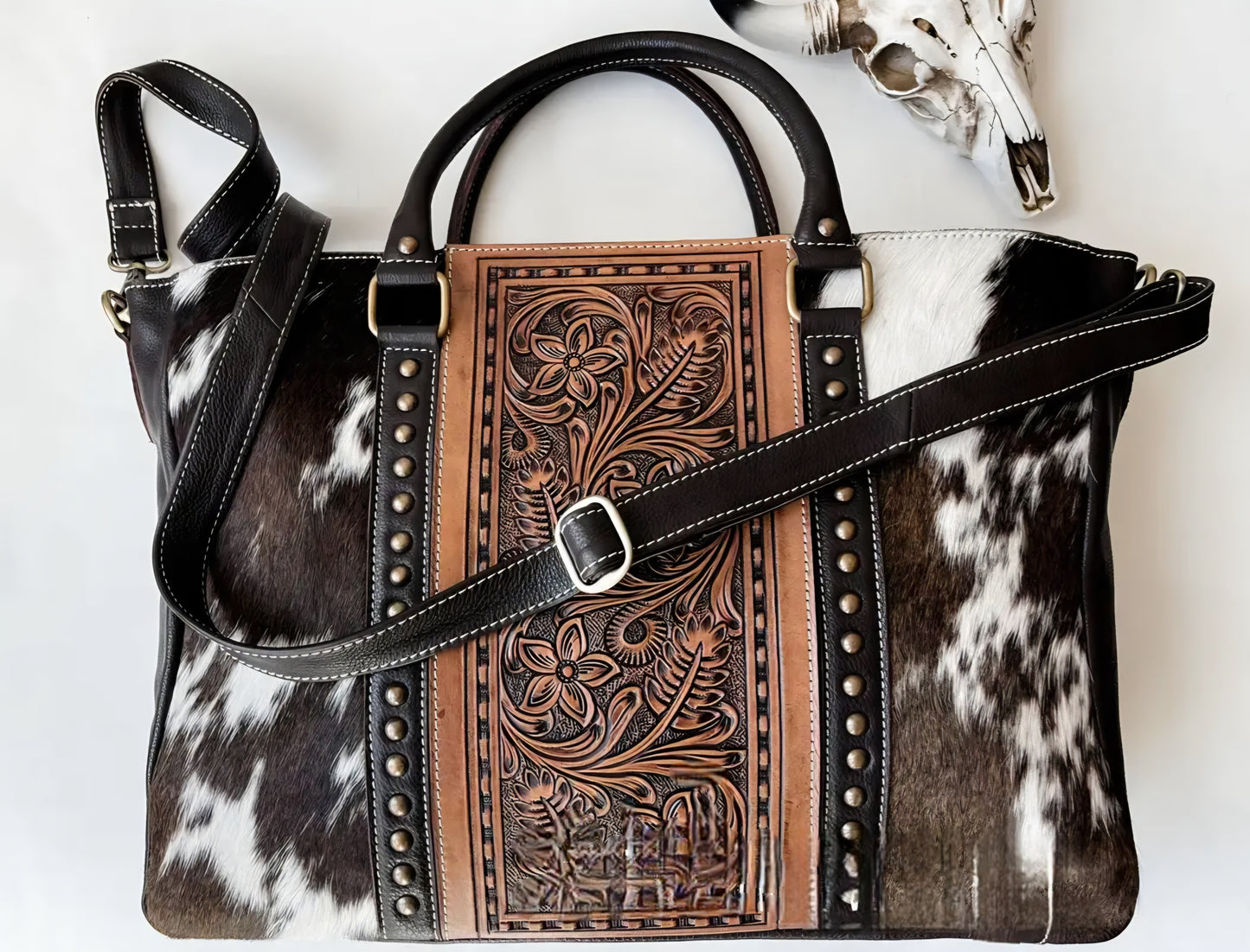 Hand Tooled Leather Cowhide Western Purse, Tote, or Work Bag
