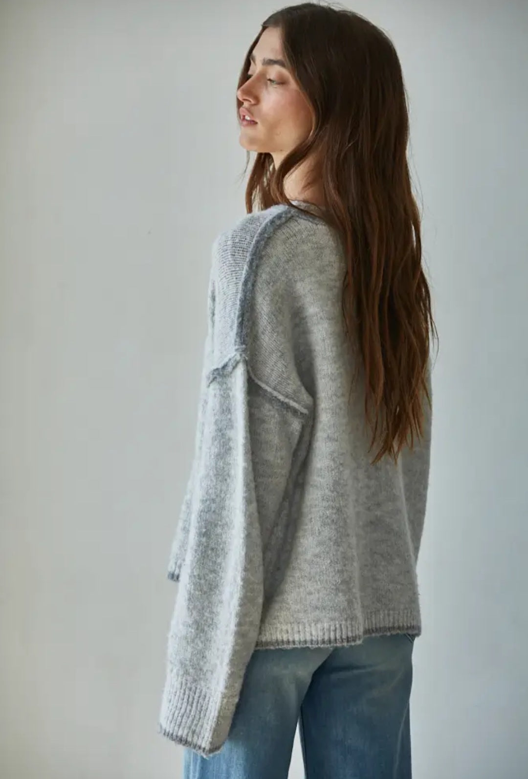 Knit Sweater Crew Neck Pullover Top with Rolled Edge/ Grey