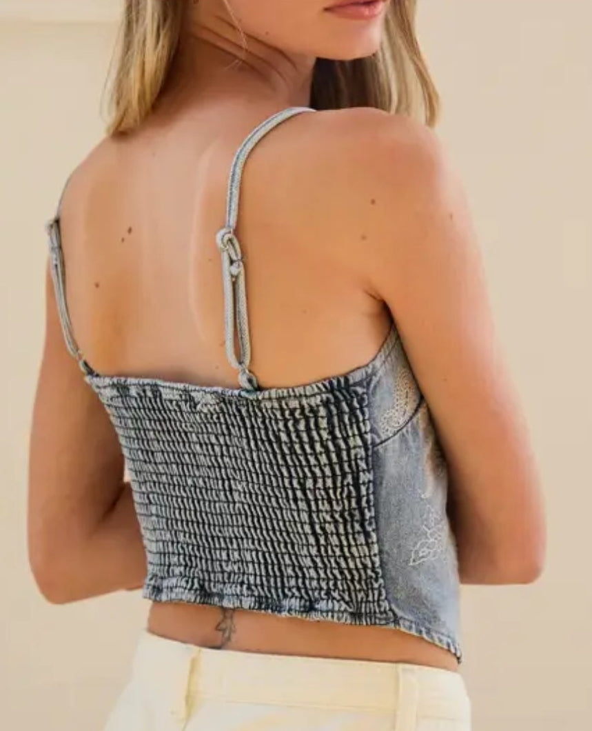 Denim Paisley Embroidery Bandana Top