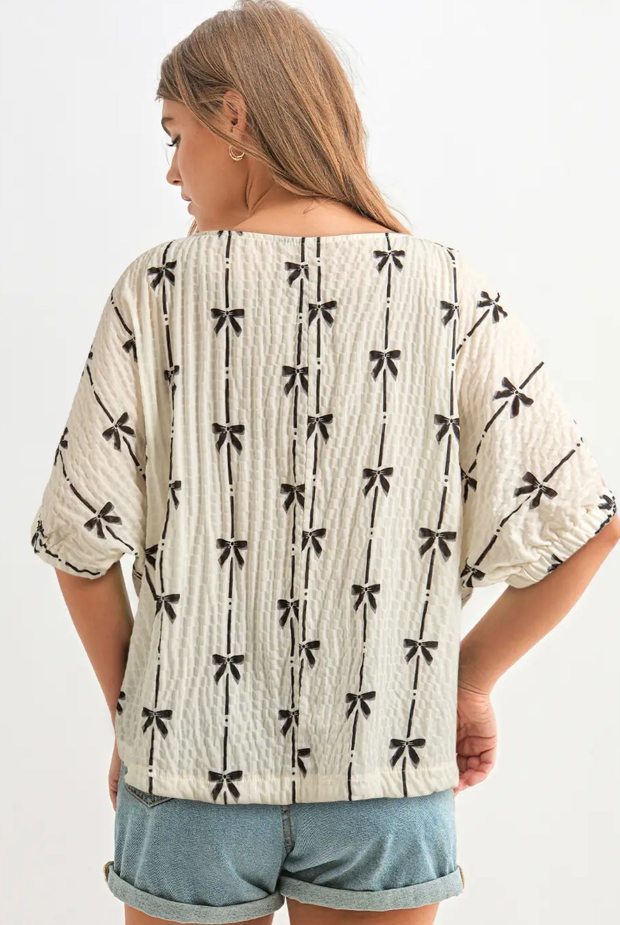 Bow Print Puff Short Sleeve Top