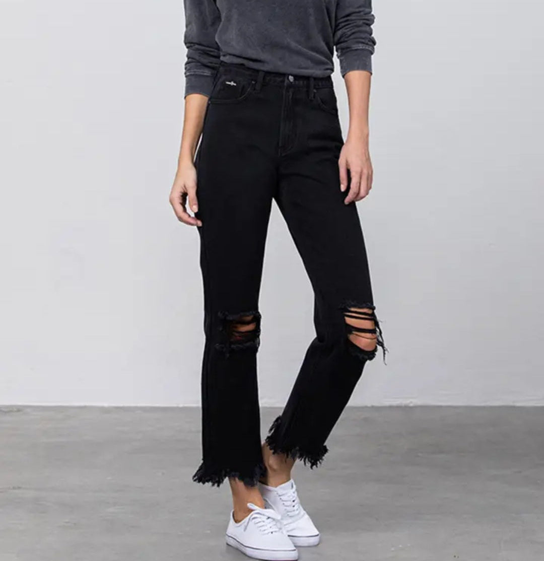 High Rise Ripped Frayed Hem Straight Jeans