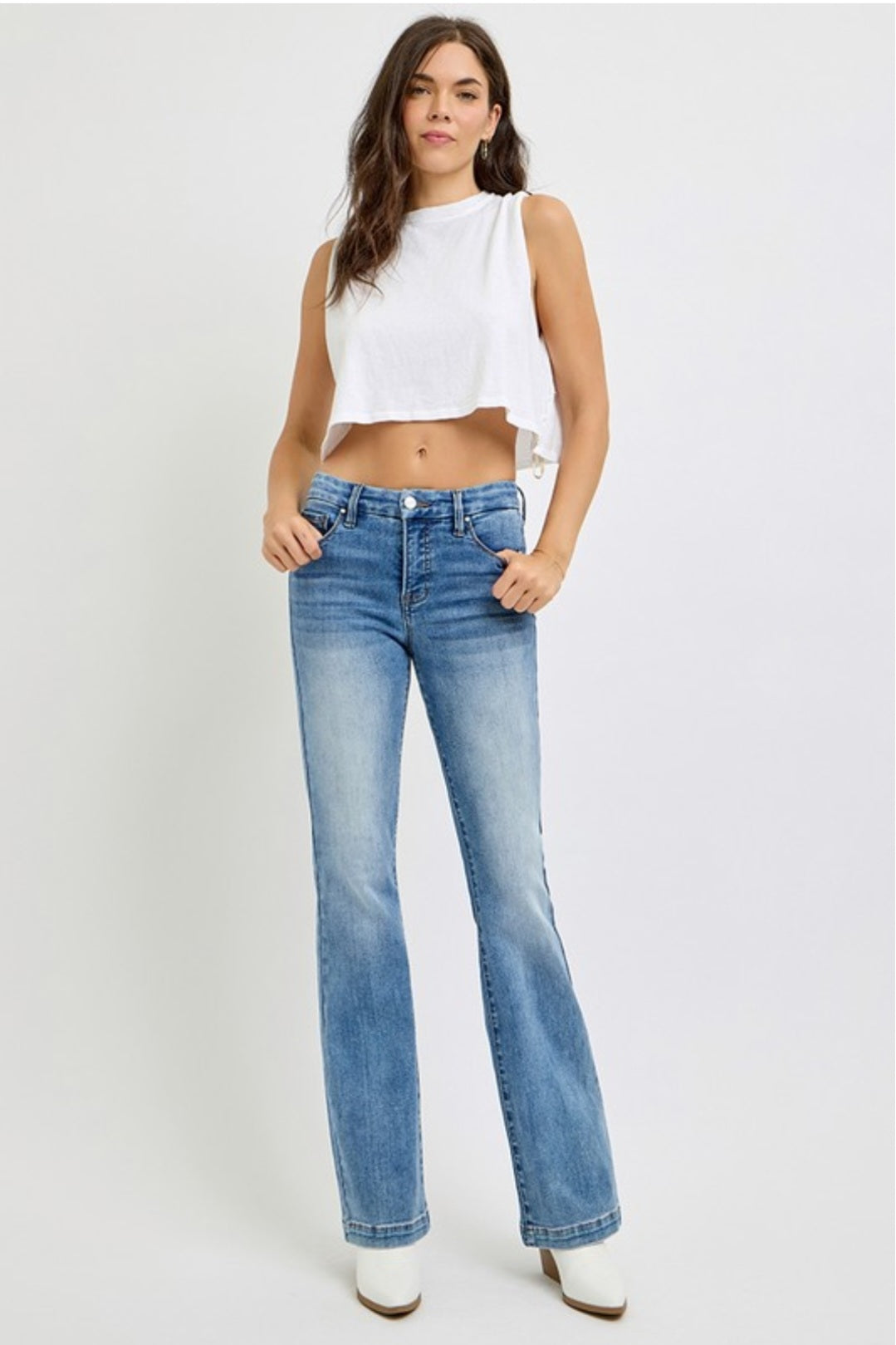 RISEN'S TUMMY CONTROL MID RISE ANKLE BOOTCUT JEANS