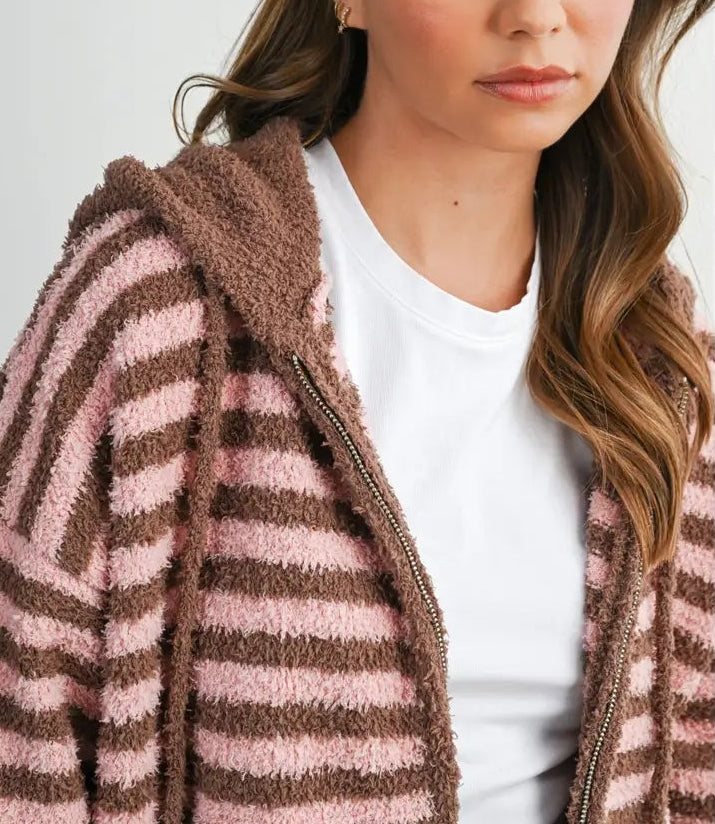 Striped Zip-Up Hooded Cardigan