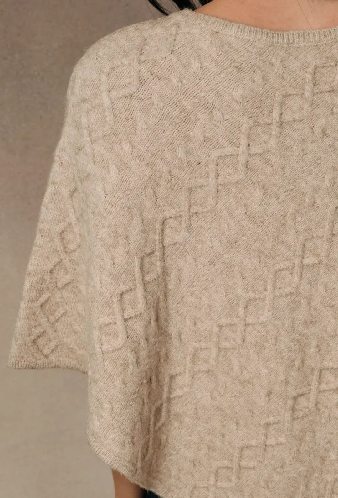 Diamond Cable Knit Crew Neck Asymmetric Poncho Sweater