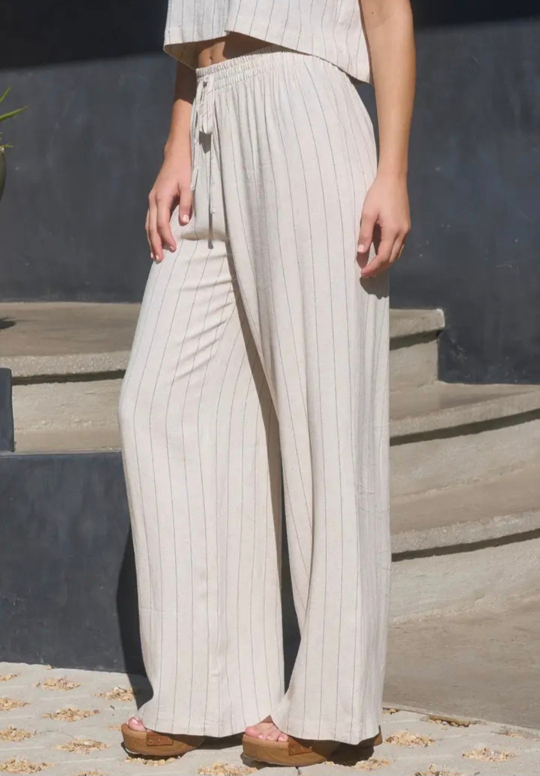 Drawstring Pinstripe Wide Leg Linen Pants