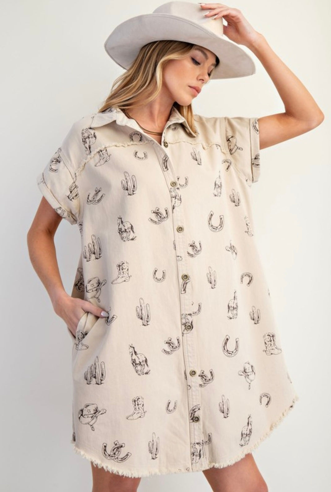 Western Printed Washed Twill Shirt Dress