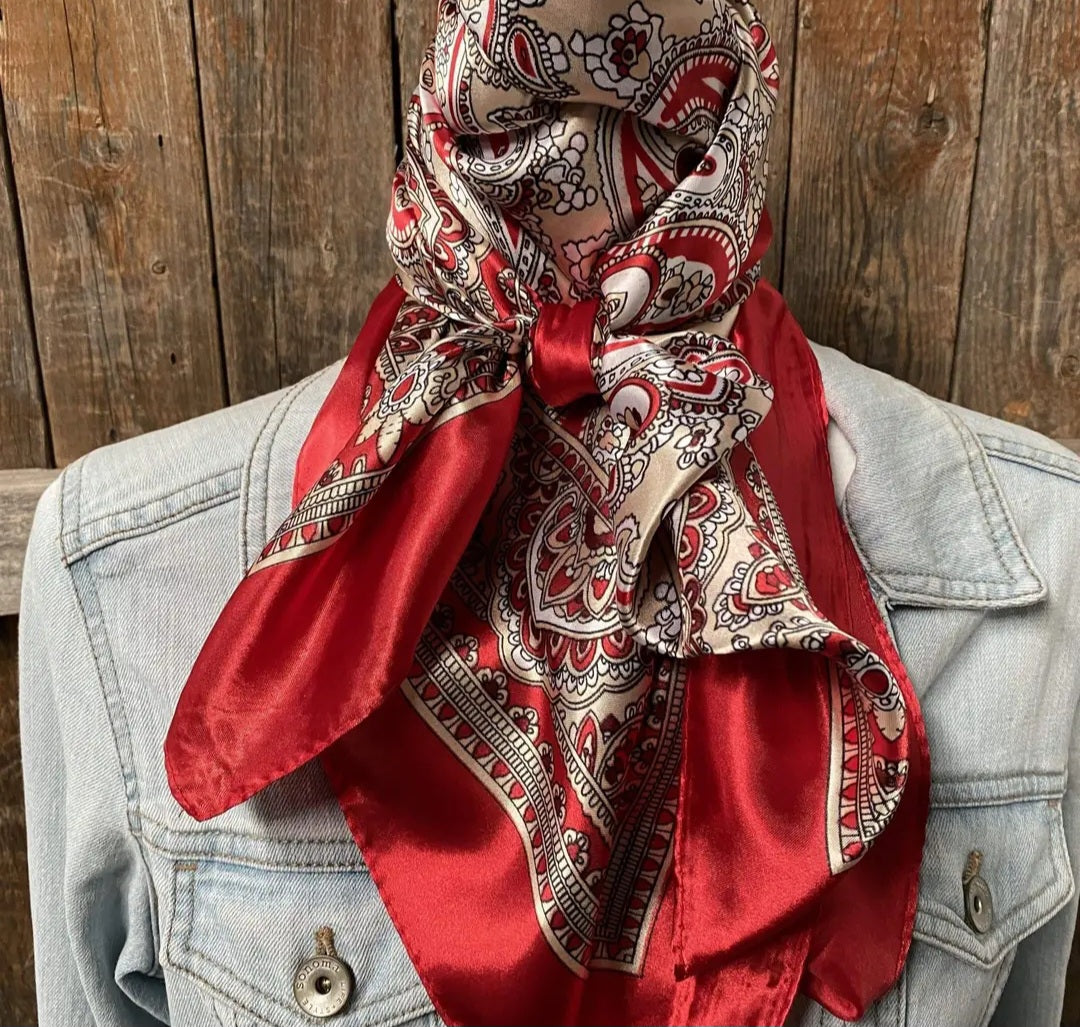 Red and White Floral Paisley Wild Rag / Scarf 35X35"