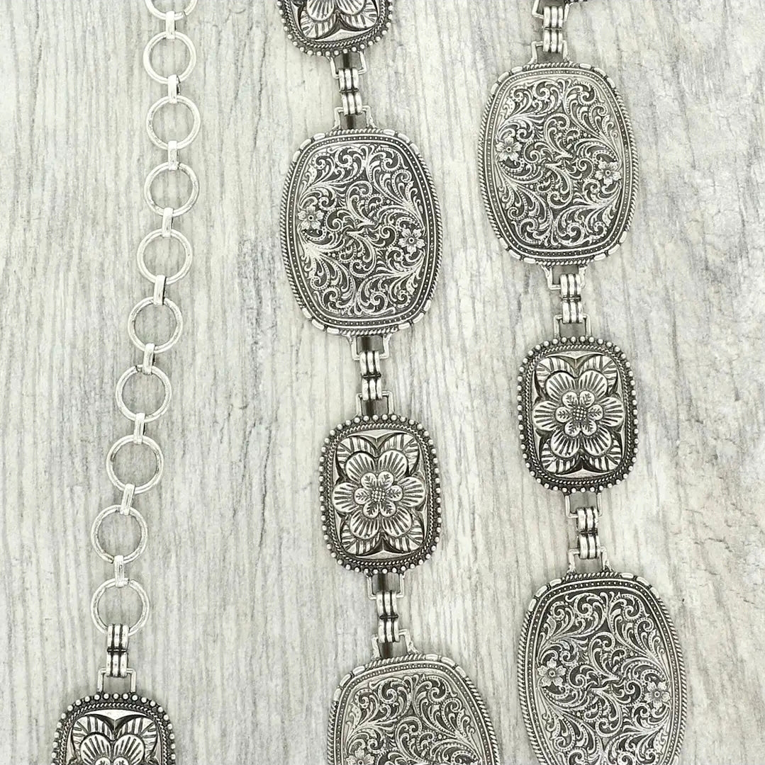 Western Floral Engraved Oval Concho Chain Link Belt