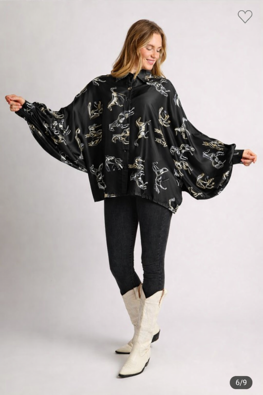 Black Horse Print Satin Blouse