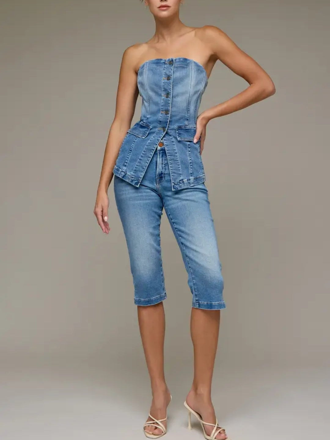 Denim Strapless Button Up Tuxedo Top