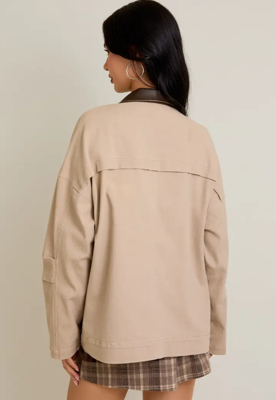 Washed Barn Jacket with Leather Collar- Oversized