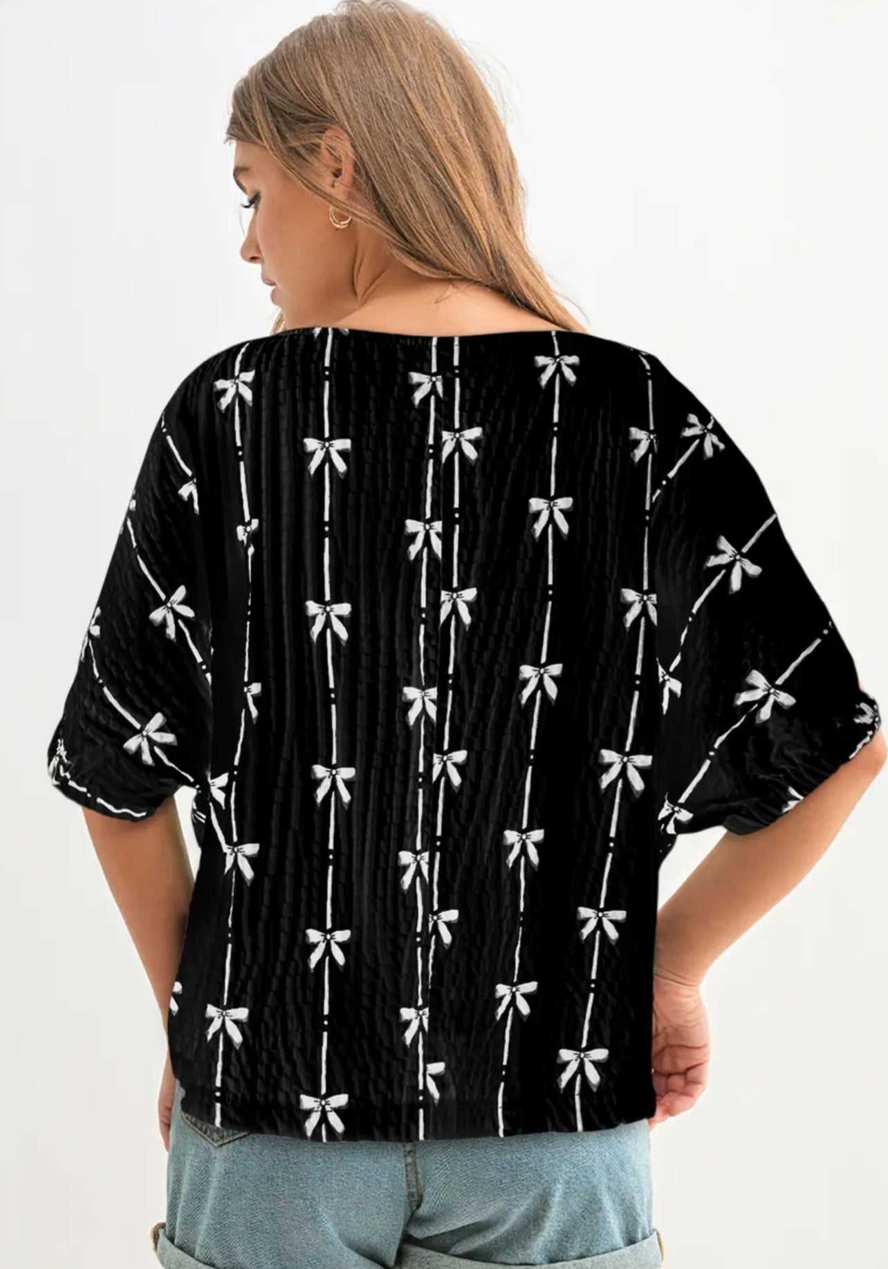 Bow Print Puff Short Sleeve Top