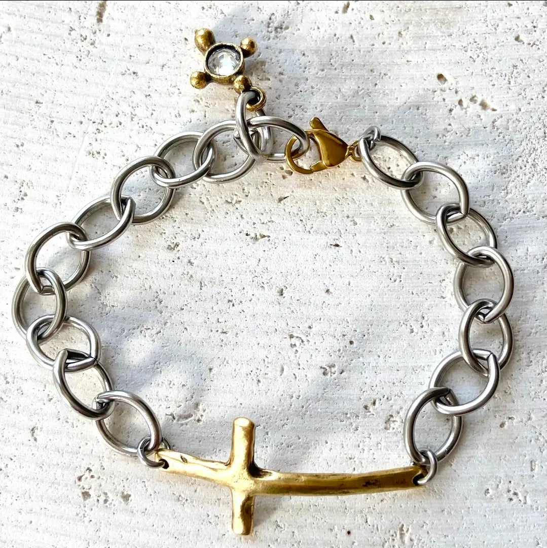 Mixed Metal Chunk Cross Bracelet