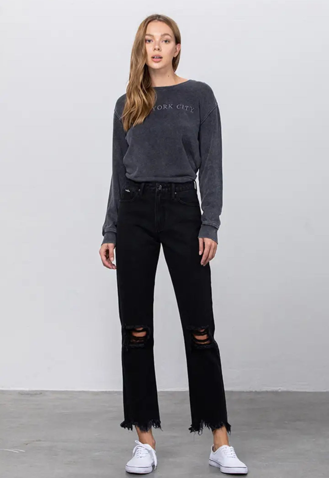 High Rise Ripped Frayed Hem Straight Jeans