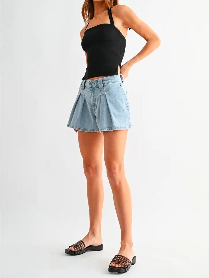 Pleated Bubble Denim Shorts
