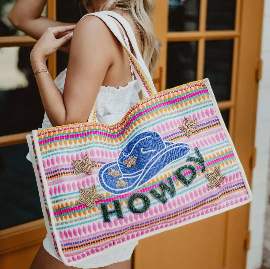 Howdy Cowgirl Hat Striped Tote Bag